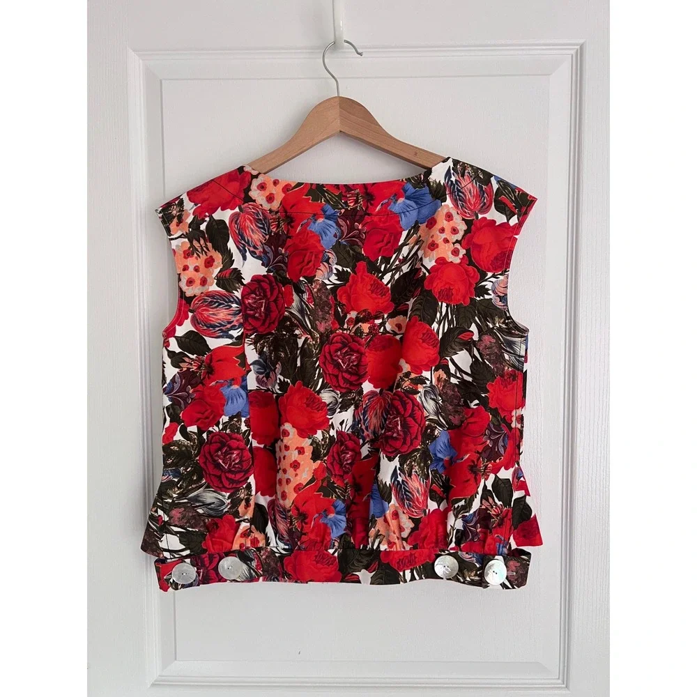 Marni Floral 100% Cotton Blouse Womens Red Blue Button Hem Made in Italy Luxury